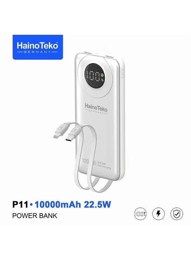 Haino Teko P11 10000mAh Portable Power Bank with 22.5W Fast Charging, LED Display, Built-in Cables, High-Speed Multi-Device Support, Compact Durable Design – Silver External Battery Pack for Smartphones, Tablets, Gadgets, Travel, Work, Office, and Daily Use - Image 1