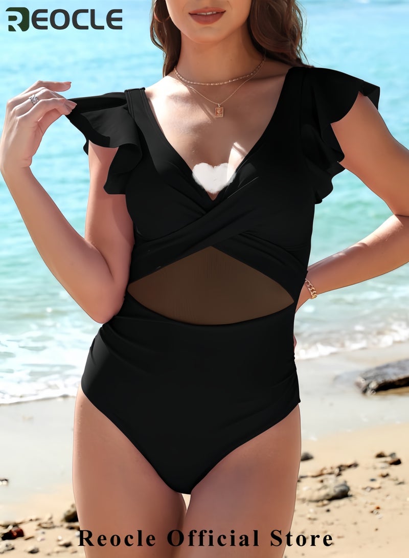 REOCLE Womens One Piece Swimsuits Tummy Control Bathing Suits V Neck Ruffle Sleeve Mesh Swimsuit Full Coverage Swimwear 2025 - Image 3