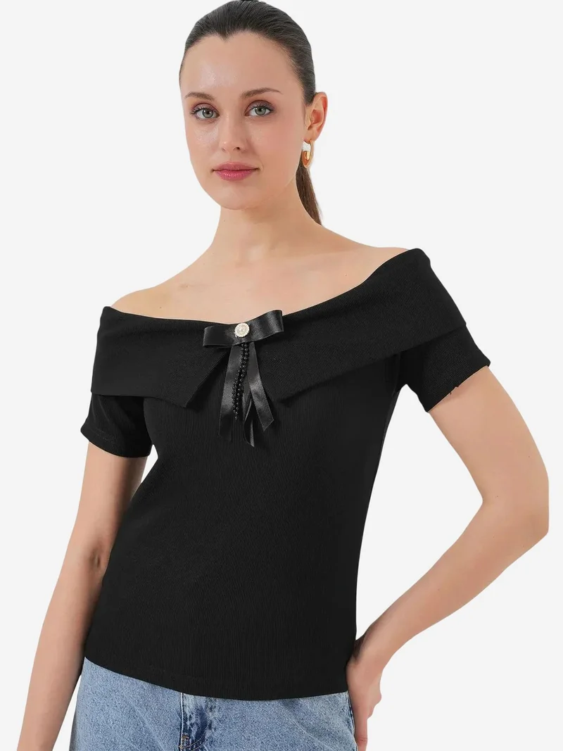 Big Dart Black BDART Boat Neck Ribbed Blouse with Bow for Women | Best Price UAE