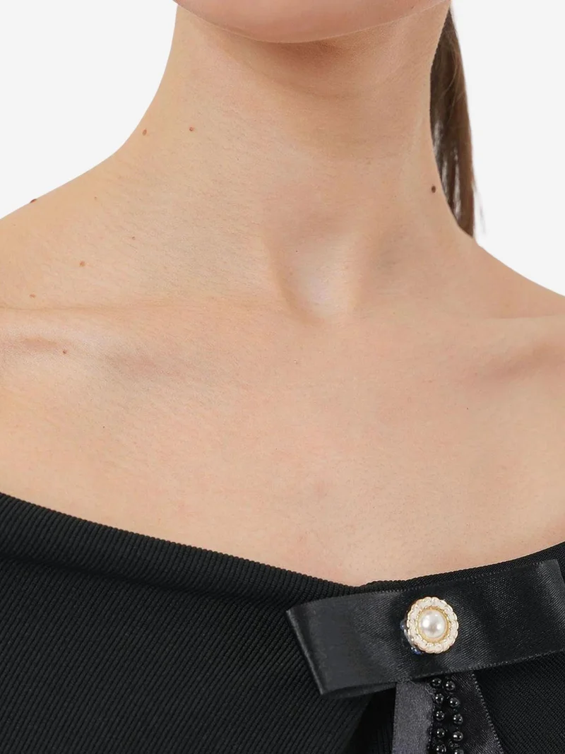 Big Dart Black BDART Boat Neck Ribbed Blouse with Bow for Women | Best Price UAE