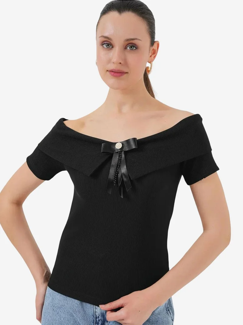 Big Dart Black BDART Boat Neck Ribbed Blouse with Bow for Women | Best Price UAE
