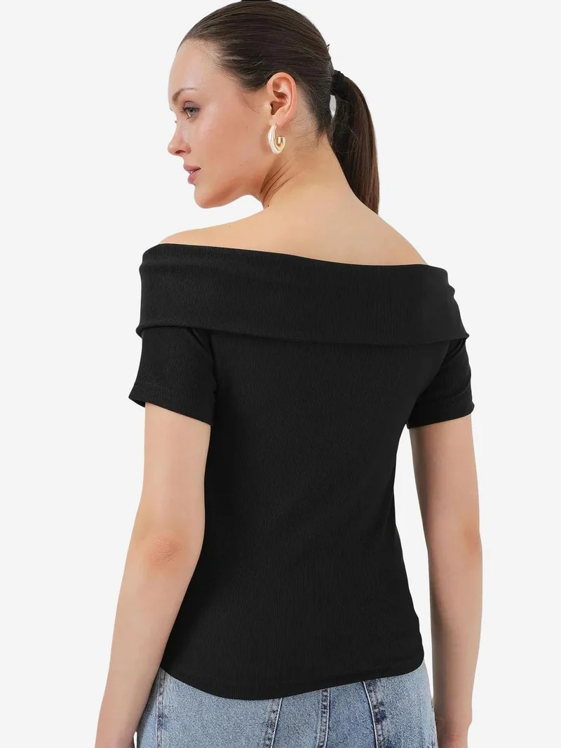 Big Dart Black BDART Boat Neck Ribbed Blouse with Bow for Women | Best Price UAE