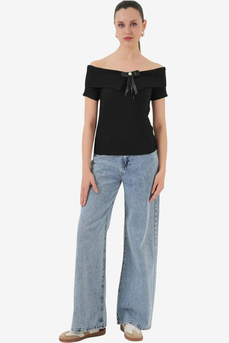 Big Dart BDART Boat Neck Ribbed Blouse with Bow