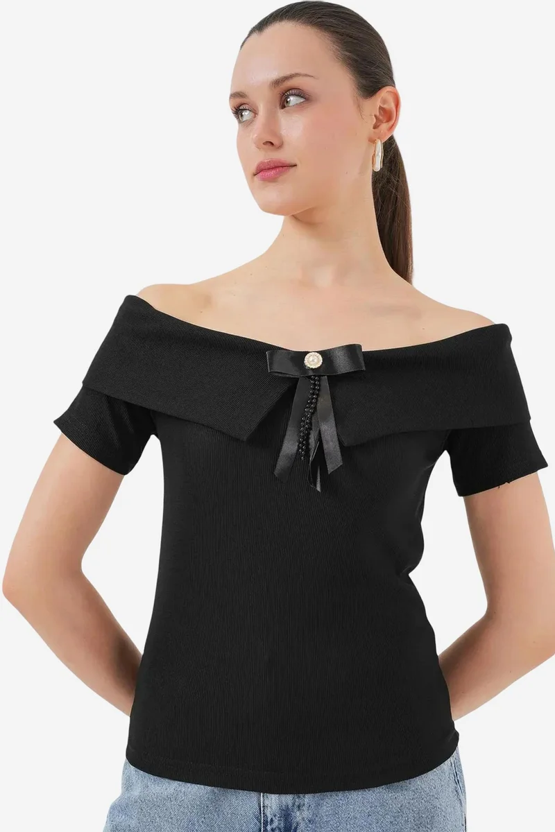 Big Dart BDART Boat Neck Ribbed Blouse with Bow