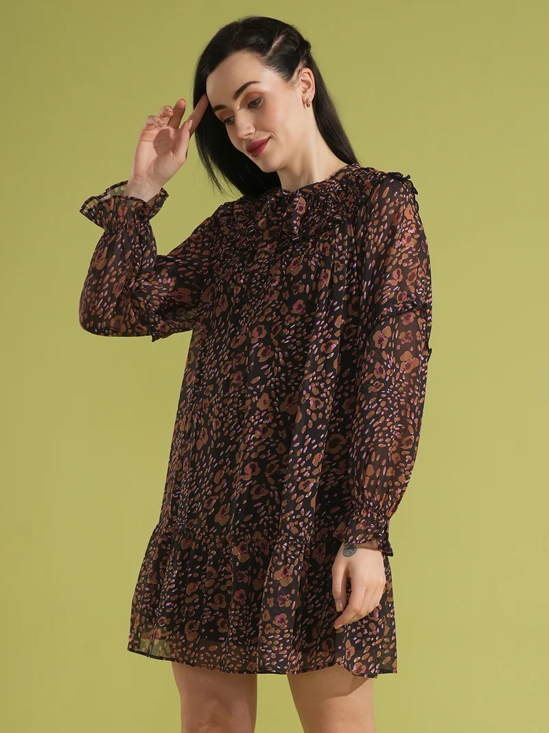 جلو باص فستان نسائي قصير بتصميم - وطبعة حيوانات