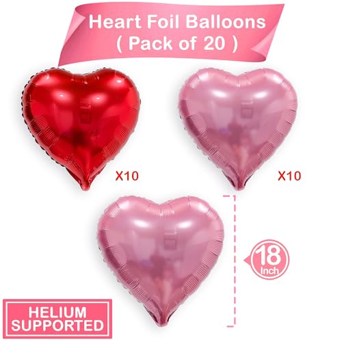 Pedel Pink Red Heart Balloons 20 Pcs 18 Inch Heart Shaped Foil Balloons Galentines Balloons for Girls Birthday Wedding Anniversary Engagement Party Valentines Day Decorations - Image 5