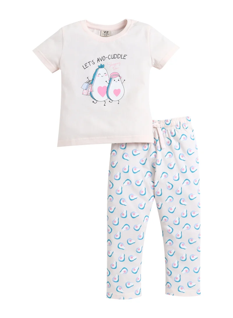 Victor And Jane  Girls Avocado Print Cotton Pajama Set – T-Shirt & Full Pants Nightwear for Women | Best Price UAE