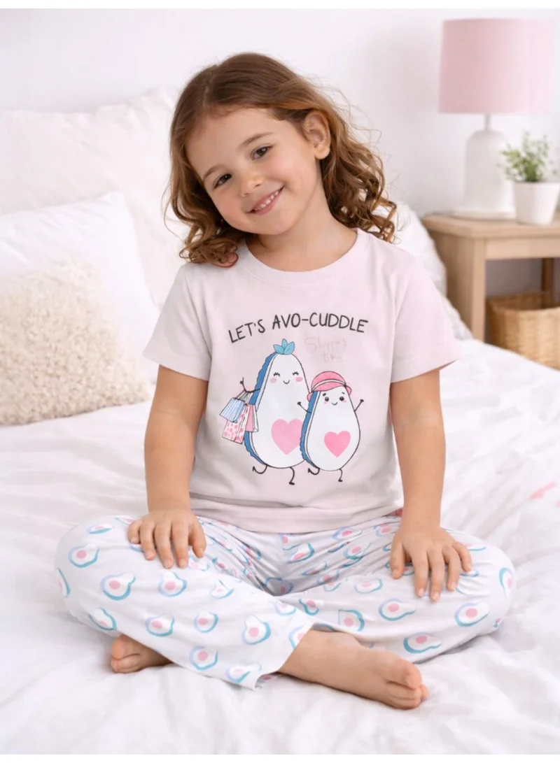 Victor And Jane  Girls Avocado Print Cotton Pajama Set – T-Shirt & Full Pants Nightwear for Women | Best Price UAE