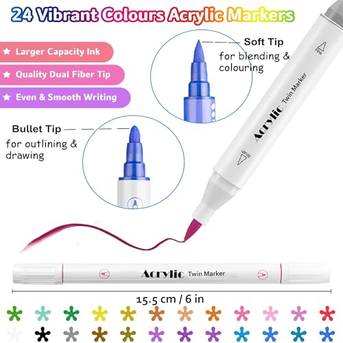 KLIFFOO 24 Colors Dual Tip Acrylic Paint Markers Set with Carrying Case For Painting Sketching Calligraphy Drawing, Permanent Colouring Marker Pens For Rock, Canvas, Wood, Glass, Ceramic, Fabric (24) - Image 3