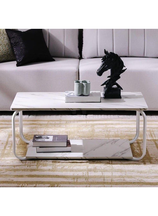 DubaiGallery Modern Rectangular Coffee Table with Marble Effect Top and Bottom Shelf, Durable Metal Frame, Elegant Center Table for Living Room, Office, Hotel or Apartment Decor - Image 3