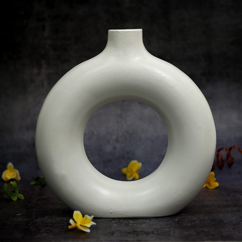Kreative Homes Kreative Homes Donut Ring Vases Ceramic Round Shaped Flower Pot Ring Shaped vases Handcrafted Flower Vases and Pot for Home Decoration Center Table Decor Ideal Gift Pack of 2 White  - Image 2
