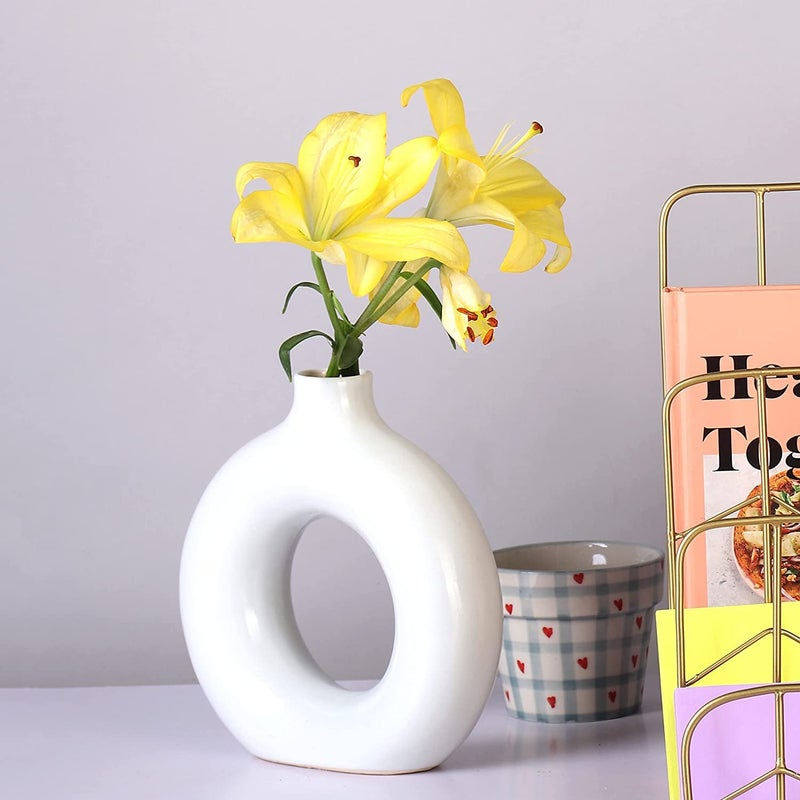 Kreative Homes Kreative Homes Donut Ring Vases Ceramic Round Shaped Flower Pot Ring Shaped vases Handcrafted Flower Vases and Pot for Home Decoration Center Table Decor Ideal Gift Pack of 2 White  - Image 5