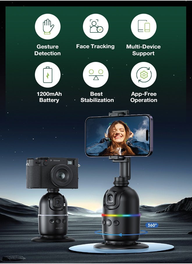 GREEN LION AutoTrack Gimbal / 3.0W Power / 4 Hours Working Time / 360° Rotation / Best Stabilization / 1200mAh Battery Capacity / 180° Dual Shooting / RGB Colored Light / Gesture Detection / Face Tracking - Black  - Image 3
