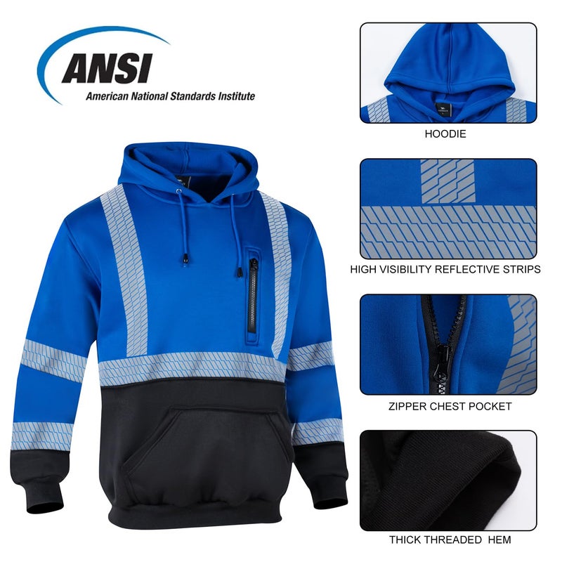 VENDACE High Visibility Reflective Safety Fleece Sweatshirt Hoodies for Men ANSI Class 3 Hi Vis Pullover Hoodie Jacket(Royal blue,L) - Image 4