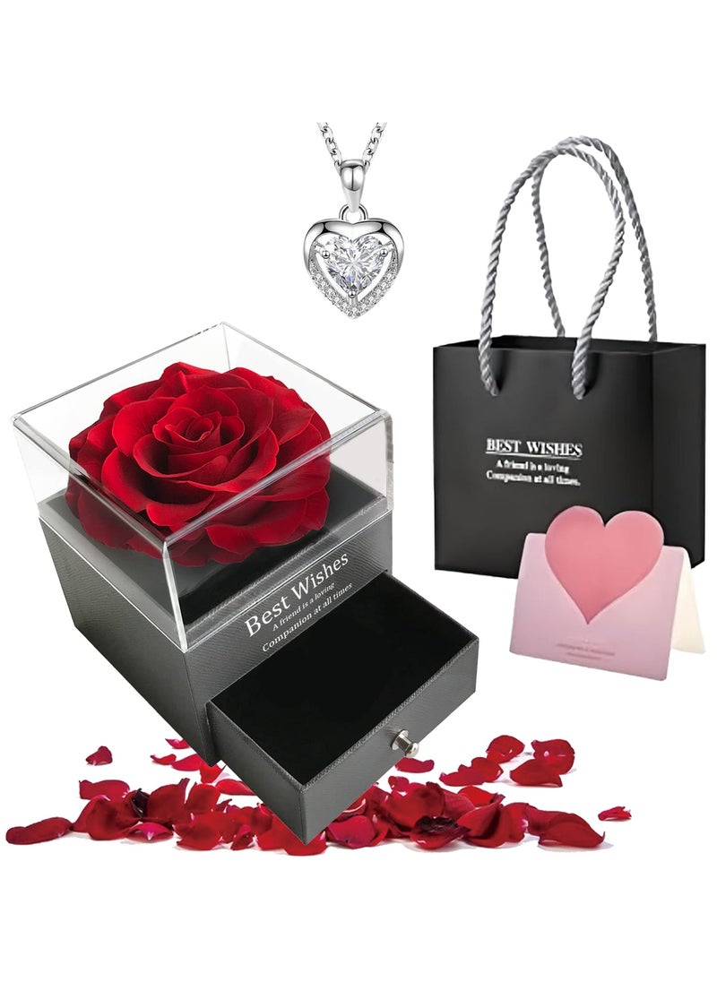 Adando Adando Eternal Rose with Gift Box Cute Eternal Red Rose Set with I Love You Necklace Handmade Preserved Rose Jewelry Box for Mom/Wife/Girlfriend A Romantic Gift for Her  - Image 1