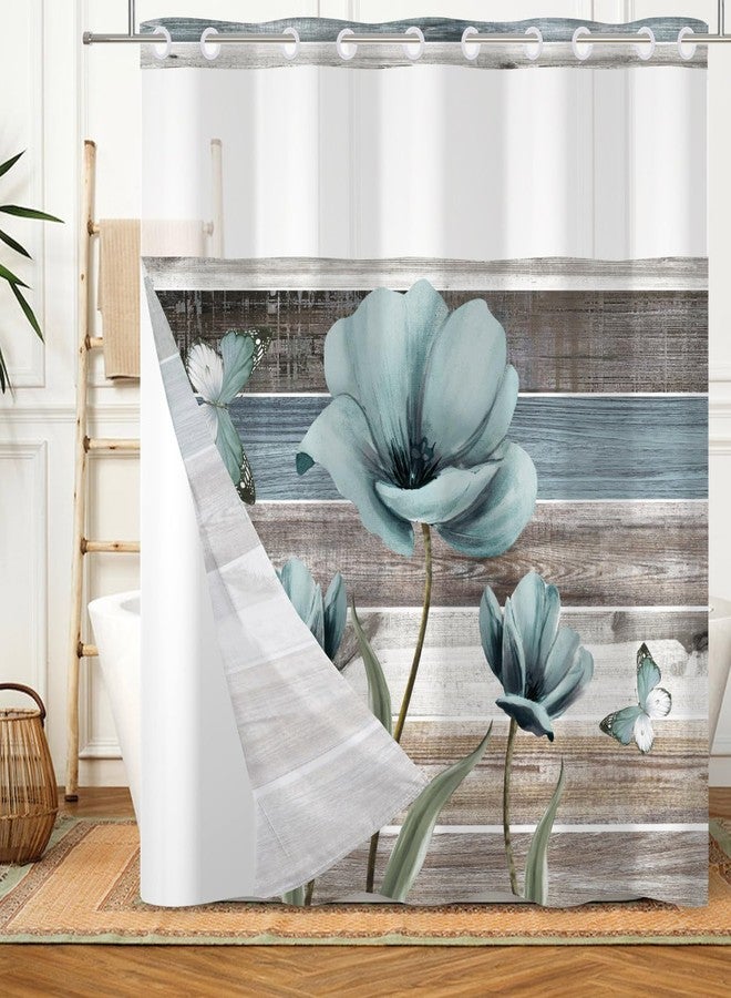 DASHAN No Hook Shower Curtain with Snap in Liner, Rustic Floral Shower Curtains for Bathroom, Teal Flowers Bath Curtain Wood Country Farmhouse Fabric Bathroom Curtains 71"x74" - Image 1