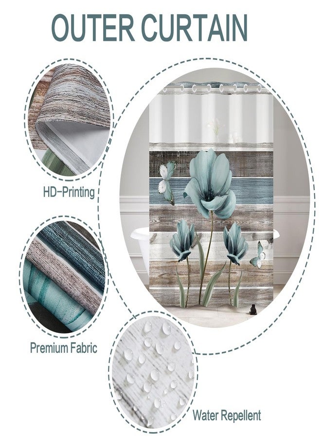 DASHAN No Hook Shower Curtain with Snap in Liner, Rustic Floral Shower Curtains for Bathroom, Teal Flowers Bath Curtain Wood Country Farmhouse Fabric Bathroom Curtains 71"x74" - Image 4
