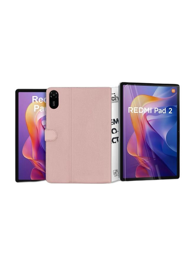 OMAKER Xiaomi Redmi Pad 2 4G 2025 (11.0 inches) OMAKER PU Leather Magnetic Closure Flip Case Cover (TCFPSR) - Rose Gold & Xiaomi Redmi Pad 2 2025 (11.0 inches) 9H Ultra HD Tempered Glass Tablet Screen Protector (TSG9CN) - Clear Bundle - Image 1