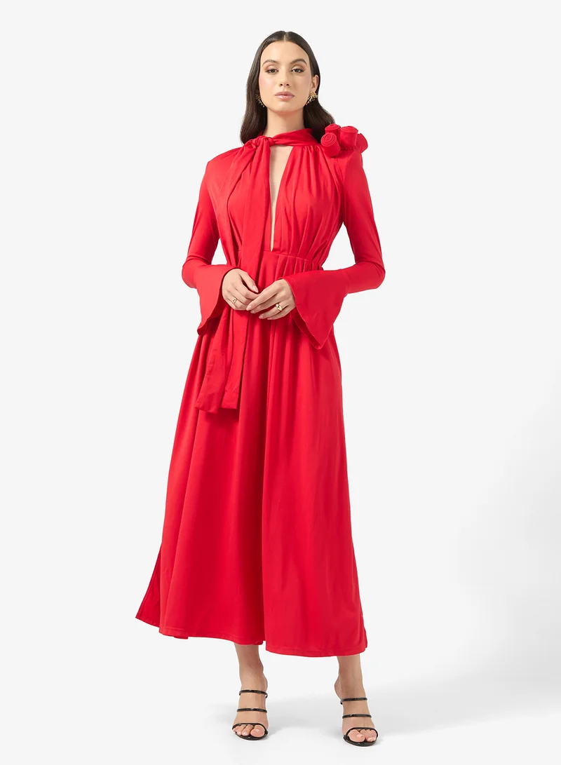 Ginger Boutique Mock Neck Pleated Gown with Crosage Detail