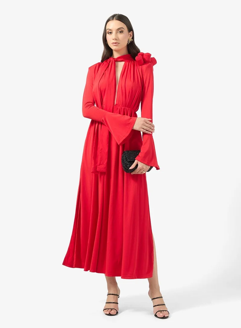 Ginger Boutique  Mock Neck Pleated Gown with Crosage Detail for Women | Best Price UAE