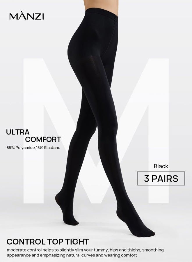 MANZI Women's 2-6 Pairs Opaque Control Top Tights Comfort Stretch 70 Denier Pantyhose, Black 3 Pairs, M - Image 2