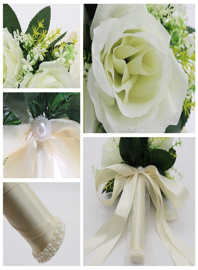 BERYLER Wedding Bouquets for Bride, Small Bridal Flower for Bridesmaid, Artificial White Toss Rose - Image 3
