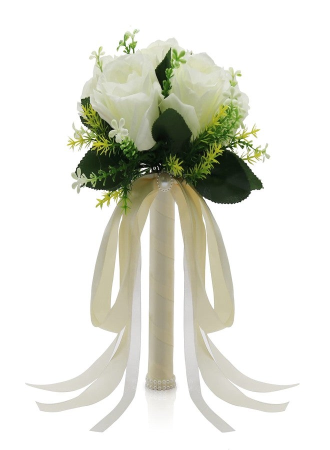 BERYLER Wedding Bouquets for Bride, Small Bridal Flower for Bridesmaid, Artificial White Toss Rose - Image 1