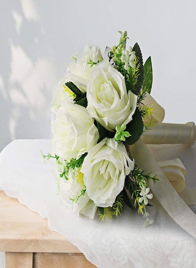 BERYLER Wedding Bouquets for Bride, Small Bridal Flower for Bridesmaid, Artificial White Toss Rose - Image 4