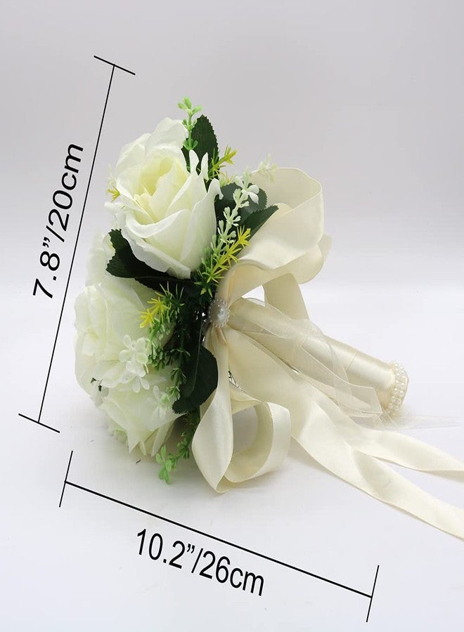 BERYLER Wedding Bouquets for Bride, Small Bridal Flower for Bridesmaid, Artificial White Toss Rose - Image 2