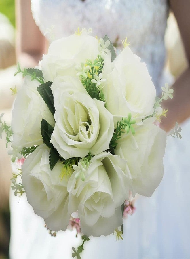 BERYLER Wedding Bouquets for Bride, Small Bridal Flower for Bridesmaid, Artificial White Toss Rose - Image 5