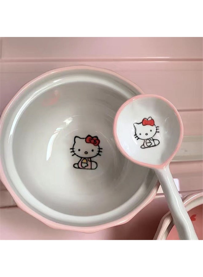 Internet Red Ceramic Tableware Hallokitty Dormitory Household One-person Bowl Plate Spoon Baking Bowl High Color Value Three Pieces-Specifications:Standard-Capacity:Hello Kitty Handle Bowl + Special-shaped Bowl + Spoon  - Image 3