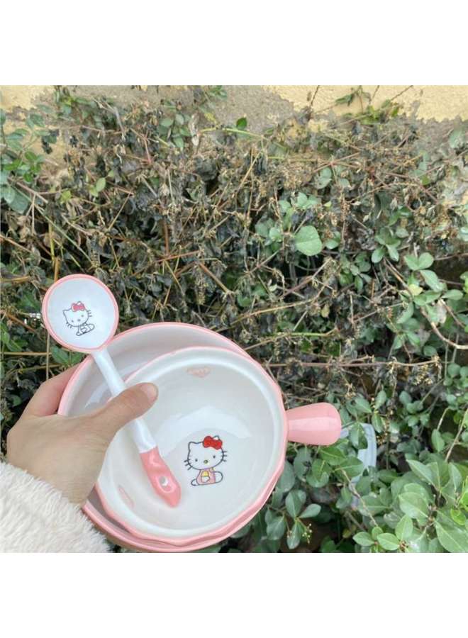 Internet Red Ceramic Tableware Hallokitty Dormitory Household One-person Bowl Plate Spoon Baking Bowl High Color Value Three Pieces-Specifications:Standard-Capacity:Hello Kitty Handle Bowl + Special-shaped Bowl + Spoon  - Image 1