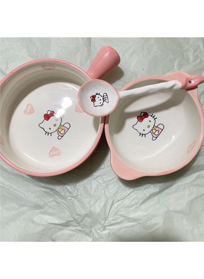Internet Red Ceramic Tableware Hallokitty Dormitory Household One-person Bowl Plate Spoon Baking Bowl High Color Value Three Pieces-Specifications:Standard-Capacity:Hello Kitty Handle Bowl + Special-shaped Bowl + Spoon  - Image 5