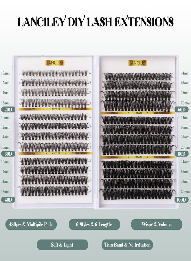Lanciley 480PCS Lash Clusters 10-20MM 20D+30D+40D+60D+80D+100D Thick Volume Eyelash Extensions Fluffy Eyelash Clusters Wispy Long Individual Lashes Natural D Curl Lash Extension Thin Band Soft False Lashes-6 - Image 2