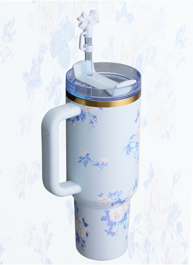 Stanley - Love Shack Fancy H2.0 Flow State 40oz Sky Blue Tumbler, Stainless Steel Vacuum Insulated Quencher with Lid, Straw, and Stopper, Ideal for Water and Iced Tea, Keeps Drinks Cold, Presented in Elegant Gift-Ready Packaging - Image 1