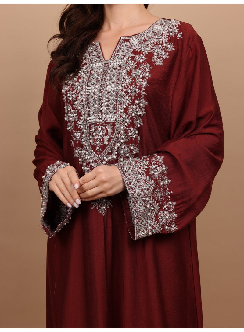 IKKXA Regal Silver Threaded Jalabiya IK6043 Maroon - Image 2