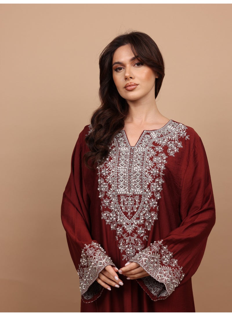IKKXA Regal Silver Threaded Jalabiya IK6043 Maroon - Image 3