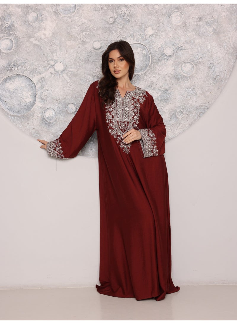 IKKXA Regal Silver Threaded Jalabiya IK6043 Maroon - Image 1