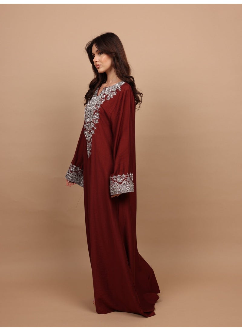 IKKXA Regal Silver Threaded Jalabiya IK6043 Maroon - Image 4