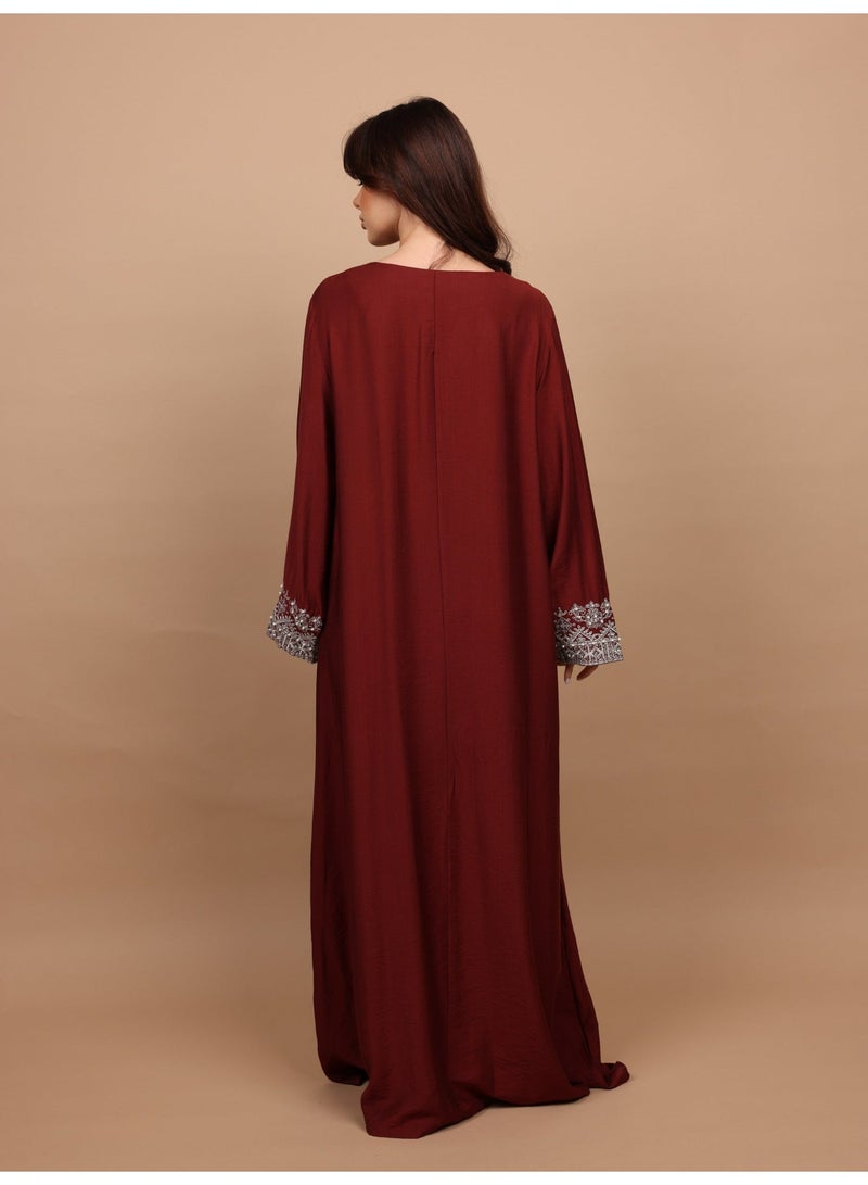 IKKXA Regal Silver Threaded Jalabiya IK6043 Maroon - Image 5