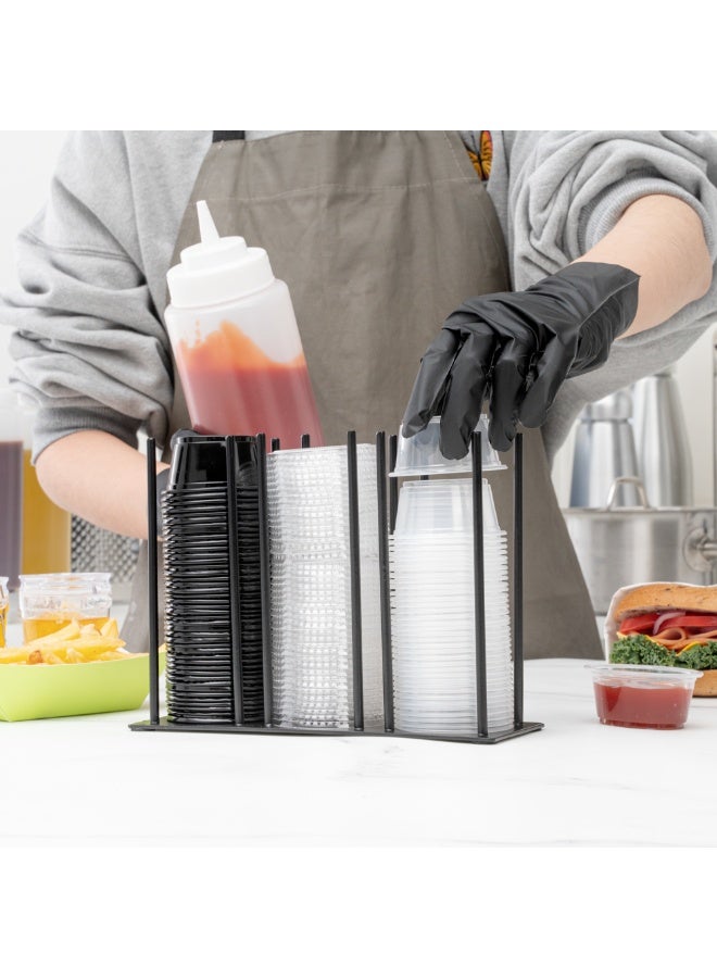 Restaurantware RW Base 8.25 Inch x 3 Inch x 6 Inch Cup And Lid Organizer, 1 3-Section Cup And Lid Holder - Horizontal Design, Compact, Black Iron Cup And Lid Dispenser, For Countertops And Storage  - Image 5