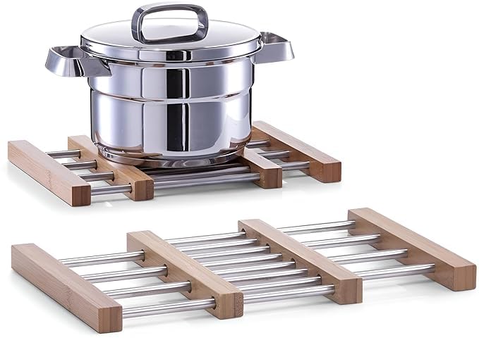 Vroxy Trivet Stand, Bamboo and Stainless-Steel Worktop Protector Kitchen Heatproof Rack Trivets for Hot Pans, Hot Pot & Plates Stand (1Pcs) - Image 1