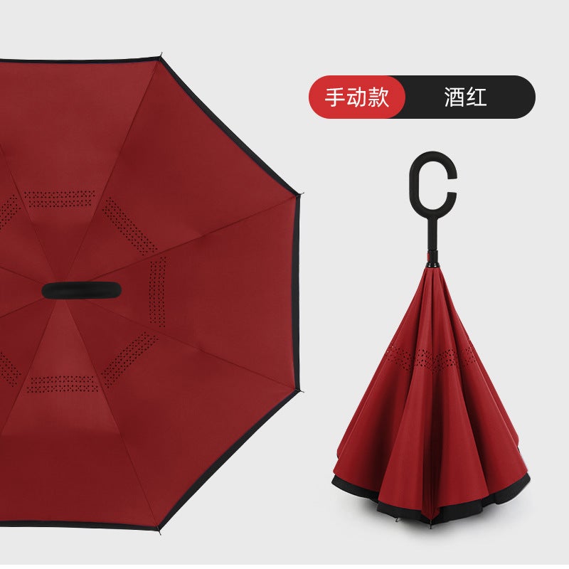 Hands-Free C-Handle Standable Reverse Umbrella Burgundy hand opening style 