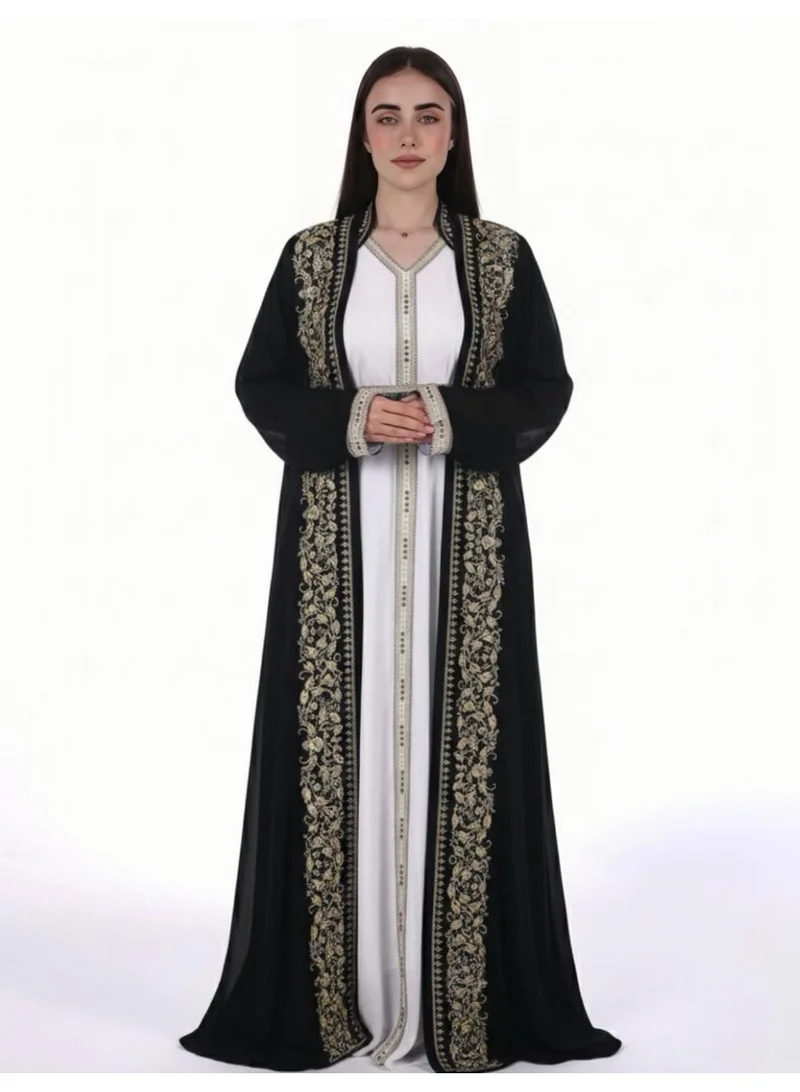 emboidered belted chiffon kaftan dress