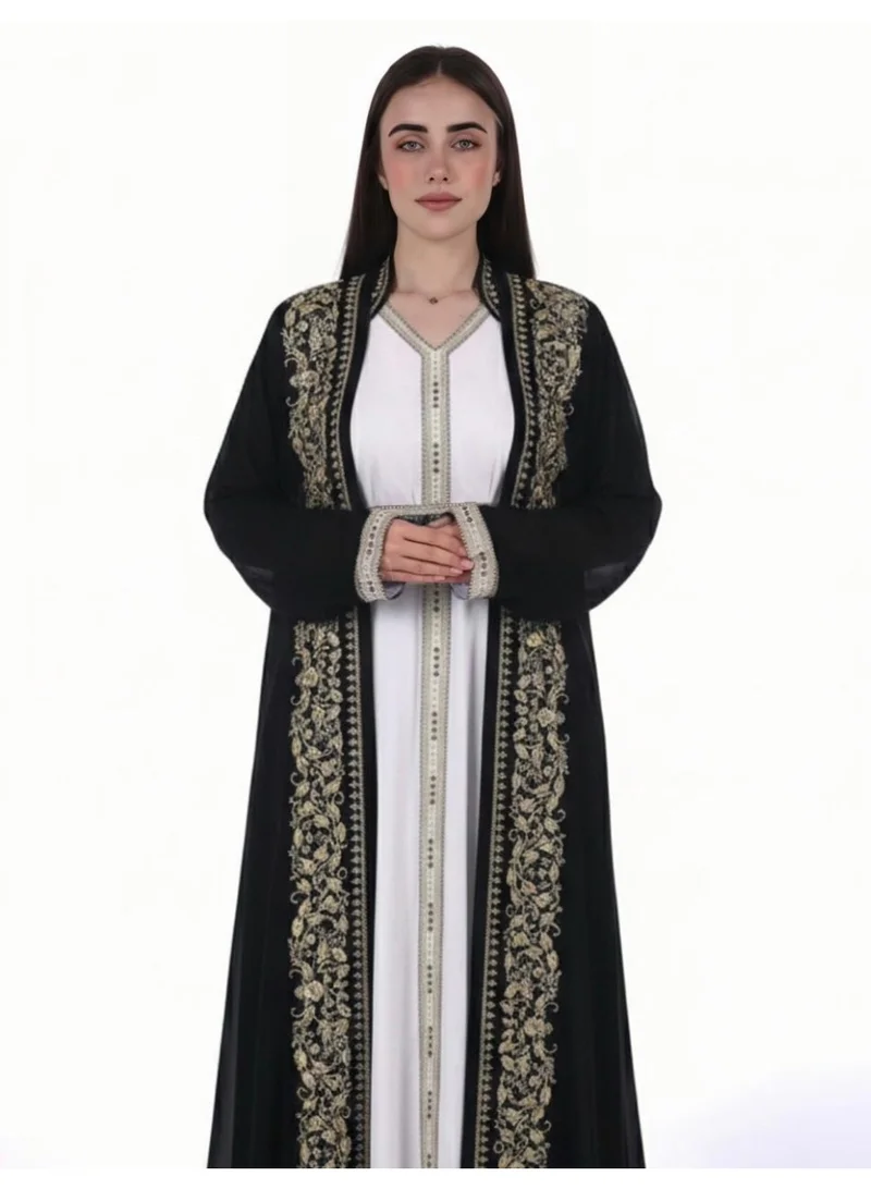 AL BENT AL SHARQIEH black emboidered belted chiffon kaftan dress for Women | Best Price UAE