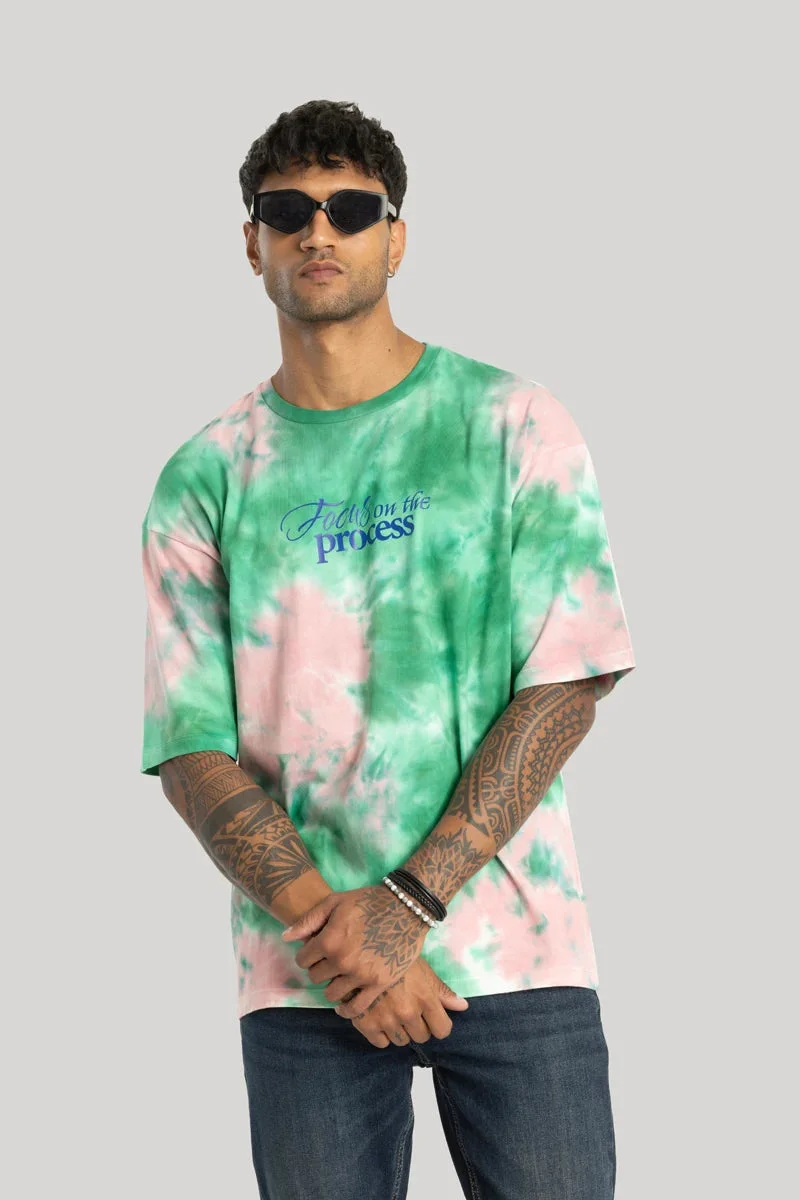 سنيتش Green Tie-Dye Elbow Length Sleeve Oversized Streetwear T-Shirt