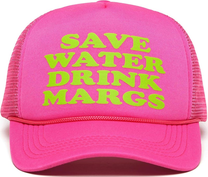 Funky Junque Foam Trucker Hat â€“ Funny Mesh Back Baseball Cap for Men & Women, Cowboy Chic Party Hat, Trendy Womens Trucker Hats - Save Water Drink Margs (Hot Pink) - Image 1