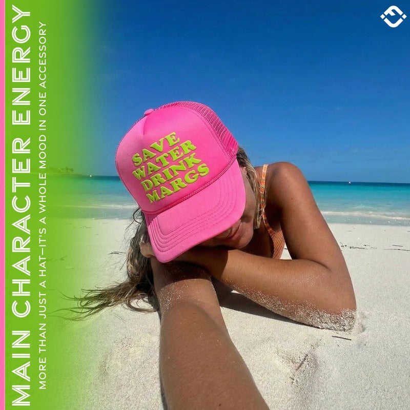 Funky Junque Foam Trucker Hat â€“ Funny Mesh Back Baseball Cap for Men & Women, Cowboy Chic Party Hat, Trendy Womens Trucker Hats - Save Water Drink Margs (Hot Pink) - Image 3