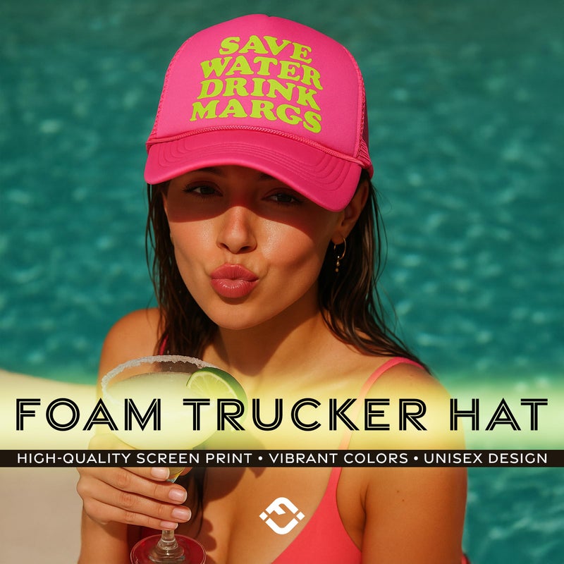 Funky Junque Foam Trucker Hat â€“ Funny Mesh Back Baseball Cap for Men & Women, Cowboy Chic Party Hat, Trendy Womens Trucker Hats - Save Water Drink Margs (Hot Pink) - Image 2