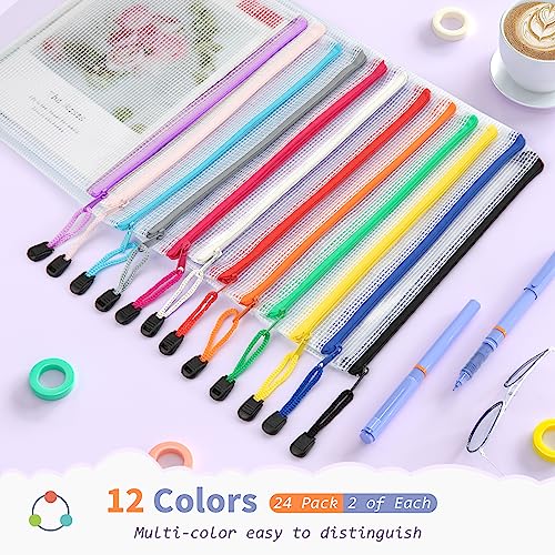 Umriox 24 Pack 12 Colors Small Zipper Pouch, 9.5" x 7.1"/A5 Size Mesh Bags with Zipper, mesh Bags for Puzzles Board Games and Office Supplies Travel Accessories - Image 2